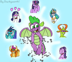 Size: 1024x887 | Tagged: safe, artist:duckyworth, princess celestia, princess ember, rarity, smolder, spike, starlight glimmer, thorax, twilight sparkle, alicorn, changedling, changeling, dragon, pony, g4, female, king thorax, male, ship:sparity, shipping, straight, twilight sparkle (alicorn), winged spike, wings