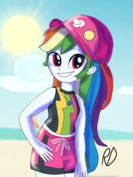 Size: 1536x2048 | Tagged: safe, artist:dashiedashdraw, rainbow dash, equestria girls, g4, my little pony equestria girls: better together, beach, clothes, cute, female, geode of super speed, magical geodes, midriff, shorts, smiling, solo