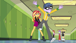 Size: 1920x1080 | Tagged: safe, screencap, micro chips, nolan north, starlight, sunset shimmer, teddy t. touchdown, equestria girls, equestria girls specials, g4, my little pony equestria girls: better together, my little pony equestria girls: forgotten friendship, canterlot high, clothes, converse, female, geode of empathy, glasses, legs, lockers, magical geodes, male, pants, shoes, sneakers