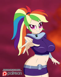 Size: 800x1004 | Tagged: safe, artist:raydonxd, rainbow dash, human, belly button, breasts, busty rainbow dash, clothes, cosplay, costume, female, humanized, midriff, miniskirt, patreon, patreon logo, ponytail, skirt, solo, starfire, teen titans