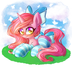 Size: 894x894 | Tagged: safe, artist:chaosangeldesu, oc, oc only, oc:candy heart, pony, unicorn, bow, clothes, cute, female, grass, hair bow, looking at you, mare, sky, socks, solo, striped socks, tail bow