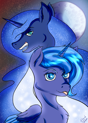 Size: 1000x1400 | Tagged: safe, artist:darkvulpes, nightmare moon, princess luna, alicorn, pony, g4, duo, fangs, female, horn, looking at you, moon, night, simple background, smiling, smirk, stars, tongue out, tulpa, wings