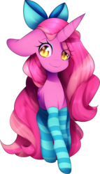 Size: 675x1184 | Tagged: safe, artist:bebeuru, oc, oc only, oc:candy heart, pony, unicorn, bow, clothes, cute, eyeshadow, female, hair bow, looking at you, makeup, mare, simple background, socks, solo, striped socks, tail bow, transparent background