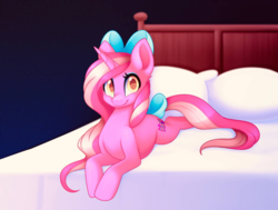 Size: 1028x777 | Tagged: safe, artist:scarlet-spectrum, oc, oc only, oc:candy heart, pony, unicorn, g4, bed, bow, cute, female, hair bow, looking at you, lying down, mare, pillow, solo, tail bow, white sheets