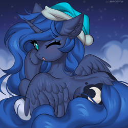 Size: 1000x1002 | Tagged: safe, artist:margony, princess luna, alicorn, pony, g4, back fluff, blushing, butt fluff, cloud, colored pupils, cute, ear fluff, eye clipping through hair, eyebrows, eyebrows visible through hair, female, hat, looking at you, looking back, looking back at you, lunabetes, mare, neck fluff, nightcap, one eye closed, sleepy, solo, spread wings, sweet dreams fuel, wings, wink