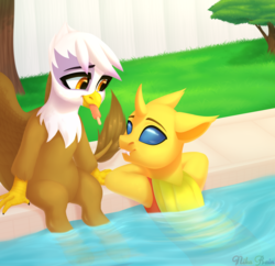 Size: 2772x2688 | Tagged: safe, artist:nika-rain, gilda, oc, oc:ren the changeling, changeling, griffon, pony, g4, changeling oc, female, food, gilren, high res, ice cream, male, summer, sun, swimming pool, ych result, yellow changeling