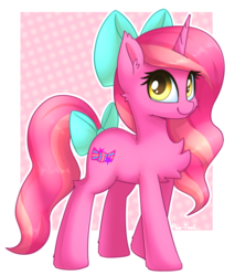 Size: 1867x2196 | Tagged: safe, artist:puetsua, oc, oc only, oc:candy heart, pony, unicorn, bow, female, hair bow, looking at you, mare, simple background, solo, tail bow