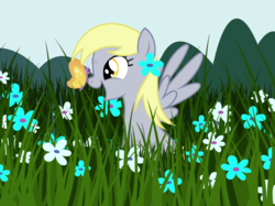 Size: 1834x1375 | Tagged: safe, artist:badumsquish, derpibooru exclusive, derpy hooves, butterfly, pegasus, pony, g4, badumsquish is trying to murder us, butterfly on nose, cute, derpabetes, female, flower, flower field, flower in hair, grass, grass field, happy, insect on nose, open mouth, scenery, sitting, solo, spread wings, wings