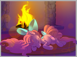 Size: 2314x1733 | Tagged: safe, artist:jaeneth, oc, oc only, oc:candy heart, pony, unicorn, bow, carpet, female, fire, fireplace, hair bow, mare, rug, sleeping, solo, tail bow