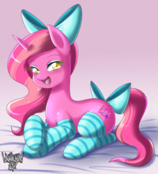 Size: 851x939 | Tagged: safe, artist:danmakuman, oc, oc only, oc:candy heart, pony, unicorn, bow, clothes, eyeshadow, female, hair bow, looking at you, makeup, mare, open mouth, prone, socks, solo, striped socks, tail bow, thigh highs, white sheets