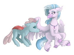 Size: 4300x3200 | Tagged: safe, artist:monnarcha, ocellus, silverstream, changedling, changeling, classical hippogriff, hippogriff, g4, female, interspecies, lesbian, preening, ship:ocellustream, shipping, simple background, transparent background