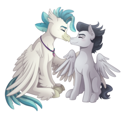 Size: 3200x3000 | Tagged: safe, artist:monnarcha, rumble, terramar, classical hippogriff, hippogriff, pegasus, pony, g4, colt, crack shipping, cute, eyes closed, gay, high res, male, nuzzling, older, rumblemar, shipping, simple background, transparent background