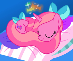 Size: 979x816 | Tagged: safe, artist:csillaghullo, oc, oc only, oc:candy heart, pony, unicorn, g4, bow, curled up, cute, eyes closed, female, hair bow, large pillow, mare, pillow, sleeping, solo, tail bow