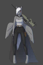 Size: 1788x2672 | Tagged: safe, artist:empaws, oc, oc only, oc:crossfire, pegasus, anthro, arctic warfare, awp, clothes, cybernetic arm, gray background, gun, handgun, revolver, rifle, simple background, skinny, solo, tank top, thin, weapon