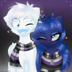 Size: 3000x3000 | Tagged: safe, artist:darkest-lunar-flower, princess luna, oc, oc:lux(pearle), pony, g4, alternate universe, asexual, canon x oc, clothes, crown, cute, cute little fangs, ear piercing, earring, fangs, female, heart, high res, jewelry, male, necklace, piercing, pride, pride flag, pride month, regalia, scarf, shipping, smiling, straight, sweater