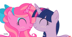 Size: 700x358 | Tagged: safe, artist:_vodka, twilight sparkle, oc, oc:candy heart, alicorn, pony, unicorn, g4, alicorn oc, alicornified, base used, blushing, boop, bow, canon x oc, eyes closed, female, hair bow, in love, mare, noseboop, race swap, simple background, smiling, transparent background, twilight sparkle (alicorn)