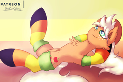 Size: 2250x1500 | Tagged: safe, artist:shad0w-galaxy, applejack, earth pony, pony, g4, aromantic, chest fluff, clothes, female, hooves behind head, lying, mare, patreon, patreon logo, pride, pride month, rainbow socks, smiling, socks, solo, striped socks