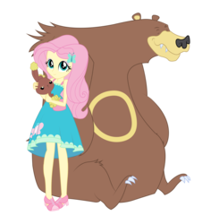 Size: 1100x1124 | Tagged: safe, artist:maretrick, angel bunny, fluttershy, harry, buneary, butterfly, ursaring, equestria girls, g4, cute, high heels, looking at you, pokefied, pokémon, shoes, shyabetes