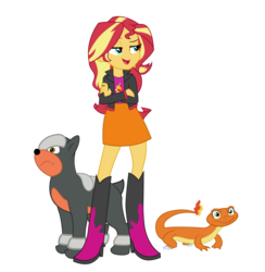 Size: 930x954 | Tagged: safe, artist:maretrick, ray, sunset shimmer, charmander, houndour, equestria girls, g4, boots, crossed arms, lidded eyes, pokémon, shoes