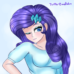 Size: 2000x2000 | Tagged: safe, artist:melliedraws, rarity, human, equestria girls, g4, arms, blouse, breasts, bust, clothes, collar, female, hairpin, hand on hip, high res, humanized, long hair, makeup, one eye closed, solo, teenager, top