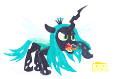 Size: 3504x2177 | Tagged: safe, artist:malte279, queen chrysalis, changeling, changeling queen, g4, angry, cheese, female, food, high res, marker, marker drawing, markers, traditional art