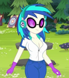 Size: 800x900 | Tagged: safe, edit, edited screencap, editor:ah96, screencap, dj pon-3, vinyl scratch, equestria girls, g4, my little pony equestria girls: legend of everfree, breast edit, breasts, busty vinyl scratch, cleavage, clothes, cropped, female, fingerless gloves, gloves, headphones, open clothes, open shirt, sexy, solo, sunglasses, vinyl's glasses