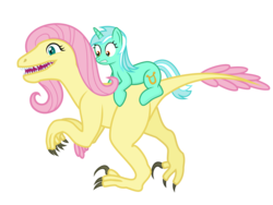 Size: 3200x2400 | Tagged: safe, artist:devfield, fluttershy, lyra heartstrings, oc, oc:raptorshy, avian, dinosaur, pony, unicorn, utahraptor, velociraptor, g4, claws, context is for the weak, cretaceous, cute, deinonychus, dinosaurified, female, gritted teeth, happy, high res, looking down, lyrabetes, mare, open mouth, pink hair, ponies riding dinosaurs, prone, riding, sharp teeth, show accurate, shyabetes, simple background, size difference, smiling, species swap, standing, tail, teeth, theropod, transparent background, two toned mane, veloshyraptor, what has science done, wide eyes, worried, wtf