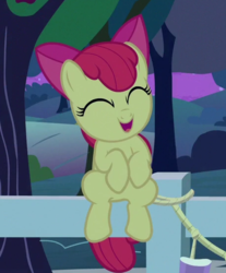 Size: 459x554 | Tagged: safe, screencap, apple bloom, earth pony, pony, g4, going to seed, adorabloom, bow, cropped, cute, eyes closed, female, fence, filly, hair bow, open mouth, sitting, solo