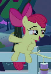 Size: 418x602 | Tagged: safe, screencap, apple bloom, earth pony, pony, g4, going to seed, bow, cropped, female, fence, filly, hair bow, lidded eyes, open mouth, sitting, smiling, smirk, solo