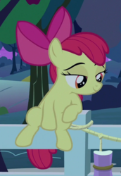 Size: 407x593 | Tagged: safe, screencap, apple bloom, earth pony, pony, g4, going to seed, bow, cropped, female, fence, filly, hair bow, lidded eyes, sitting, smiling, smirk, smug, solo
