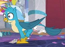 Size: 863x630 | Tagged: safe, screencap, gallus, silverstream, smolder, griffon, g4, she's all yak, chest fluff, cropped, male, offscreen character, out of context, paws, playing card, tail, wings