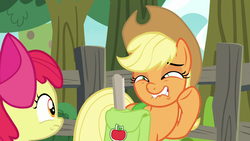Size: 1920x1080 | Tagged: safe, screencap, apple bloom, applejack, earth pony, pony, g4, going to seed, season 9, apple sisters, apple tree, applejack is best facemaker, duo, faic, female, fence, filly, foal, great moments in animation, mare, saddle bag, tree