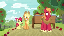 Size: 1920x1080 | Tagged: safe, screencap, apple bloom, applejack, big macintosh, earth pony, pony, g4, going to seed, apple, apple siblings, apple tree, cart, female, fence, filly, foal, food, male, mare, stallion, tree, varying degrees of want, wide eyes