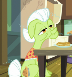 Size: 430x461 | Tagged: safe, screencap, granny smith, earth pony, pony, g4, going to seed, clothes, cropped, eating, female, food, hair bun, lidded eyes, mare, pancakes, shawl, solo, tail bun