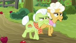 Size: 1920x1080 | Tagged: safe, screencap, goldie delicious, granny smith, earth pony, pony, g4, going to seed, apple, apple tree, duo, female, food, mare, tree, walking