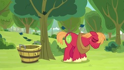 Size: 1920x1080 | Tagged: safe, screencap, big macintosh, earth pony, pony, g4, going to seed, apple orchard, apple tree, basket, eyes closed, male, solo, stallion, tired, tree