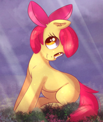 Size: 1636x1947 | Tagged: safe, artist:autumnvoyage, apple bloom, earth pony, pony, adorabloom, blank flank, bow, crepuscular rays, cute, ear fluff, female, filly, hair bow, sitting, smiling, solo