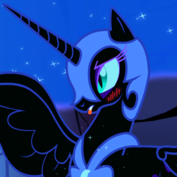 Size: 855x855 | Tagged: safe, edit, edited screencap, editor:childofthenight, screencap, nightmare moon, alicorn, pony, friendship is magic, g4, :p, biting, blushing, cropped, ethereal mane, female, mare, mlem, nightmare mlem, solo, spread wings, starry mane, tongue bite, tongue out, wings