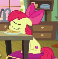 Size: 401x410 | Tagged: safe, screencap, apple bloom, earth pony, pony, g4, going to seed, cropped, eyes closed, female, filly, foal, food, pancakes, sleeping, solo