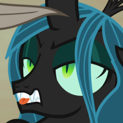 Size: 700x700 | Tagged: safe, screencap, queen chrysalis, changeling, changeling queen, frenemies (episode), g4, better way to be bad, biting, cropped, female, mid-blink screencap, solo, tongue bite
