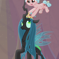 Size: 1080x1080 | Tagged: safe, screencap, cozy glow, queen chrysalis, changeling, changeling queen, pegasus, pony, frenemies (episode), g4, better way to be bad, cropped, crown, duo, female, filly, foal, jewelry, looking up, regalia