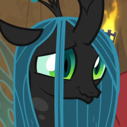 Size: 500x500 | Tagged: safe, screencap, lord tirek, queen chrysalis, centaur, changeling, changeling queen, frenemies (episode), g4, cropped, cute, cutealis, female, former queen chrysalis, lip bite, raised eyebrow, smiling, solo focus, wavy mouth, when she smiles