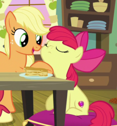 Size: 427x456 | Tagged: safe, screencap, apple bloom, applejack, earth pony, pony, g4, going to seed, adorabloom, apple sisters, cropped, cute, duo, eyes closed, female, filly, foal, food, mare, pancakes, raised chin, siblings, sisters, sitting