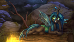 Size: 4600x2594 | Tagged: safe, artist:setharu, queen chrysalis, changeling, changeling queen, pony, frenemies (episode), g4, aside glance, campfire, crown, cute, cutealis, draw me like one of your french girls, eyeshadow, female, fire, forest, green eyeshadow, jewelry, makeup, mare, regalia, snow, solo, squishy cheeks, wallpaper
