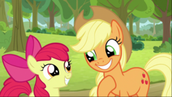 Size: 1282x722 | Tagged: safe, screencap, apple bloom, applejack, earth pony, pony, g4, going to seed, adorabloom, apple sisters, apple tree, bow, cropped, cute, duo, female, filly, hair bow, jackabetes, looking at each other, mare, raised hoof, siblings, sisters, smiling, tree