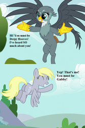 Size: 600x900 | Tagged: safe, edit, edited screencap, editor:korora, screencap, derpy hooves, gabby, griffon, g4, no second prances, the fault in our cutie marks, butt, cute, derpabetes, dialogue, gabbybetes, plot