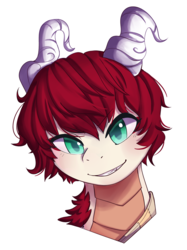 Size: 1000x1339 | Tagged: safe, artist:ezariel, oc, oc only, oc:eri rebecula, dracaven, original species, blushing, female, green eyes, grin, horns, red hair, smiling, smirk, smug, solo, toothy grin