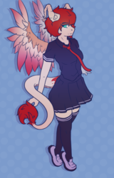 Size: 1150x1800 | Tagged: safe, artist:sverhnovapony, oc, oc only, oc:eri rebecula, dracaven, anthro, clothes, dragon tail, female, horns, school uniform, socks, solo, tail, thigh highs, wings, ych result, zettai ryouiki