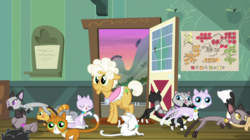 Size: 2100x1180 | Tagged: safe, screencap, derp cat, goldie delicious, cat, earth pony, pony, siamese cat, g4, going to seed, animal, butt, door, female, goldie delicious' cats, licking, mare, plot, tongue out