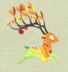 Size: 412x437 | Tagged: safe, screencap, the great seedling, deer, dryad, elk, g4, going to seed, apple, branches for antlers, cropped, eyes closed, female, food, leaping, solo, tan background